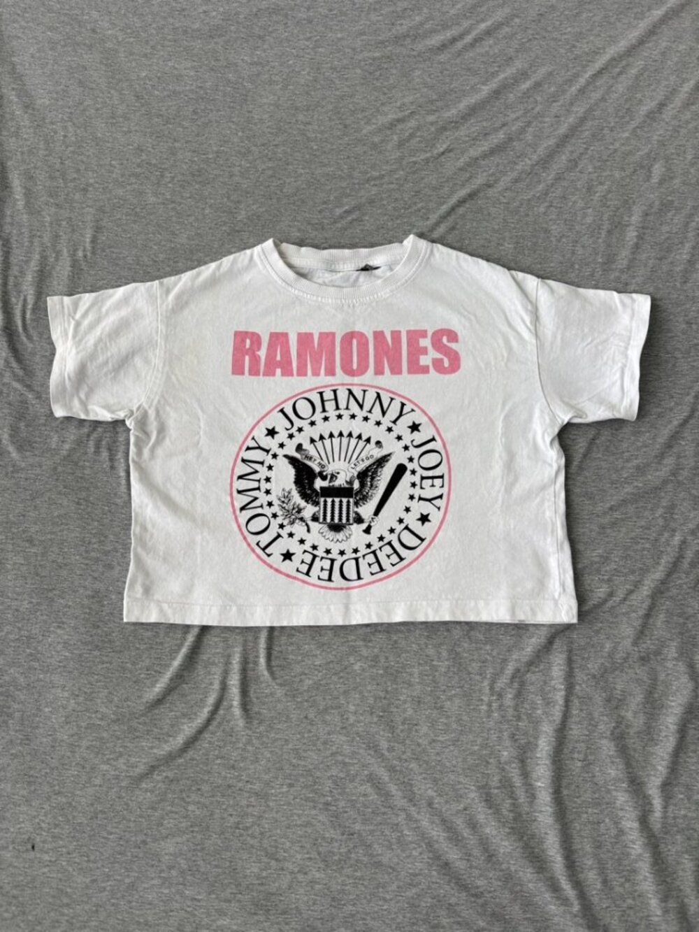 Zara Ramones Cropped Graphic Tee Womens M Y2K White Pink Seal Concert Grunge